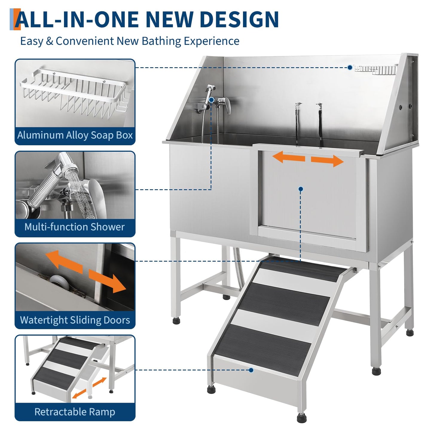 OutdoorVibe 50 Inch Pet Grooming Tub with Ramp, Stainless Steel Washing Station, Dog Tub Faucet & Showerhead & Soap Holder Leash Dog Bathtub for Large & Medium & Small Pets (Left Door)