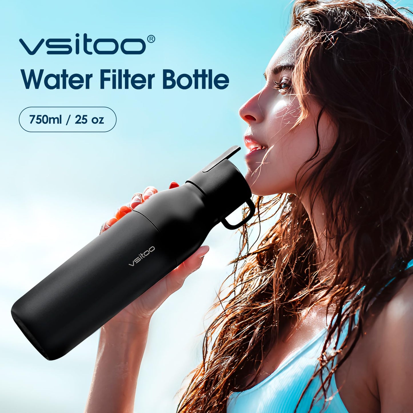 VSITOO 25 oz Water Purifier Bottle–Stainless Steel, Carbon Fiber Filter, Double-Wall Insulated, BPA-Free, Ideal for Hiking, Cycling, Gym & Outdoor Use–Life Straw Compatible, Black