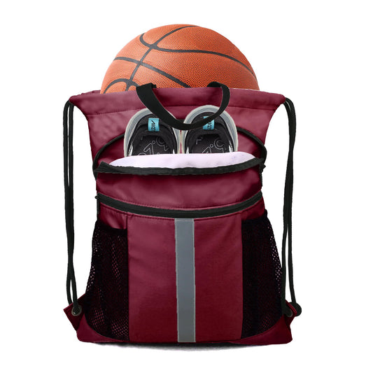 BeeGreen Wine Red Drawstring Backpack Bag with Shoe Compartment X-Large Gym Sports String Cinch Sackpack with Front Inside Zipper Pockets 75D