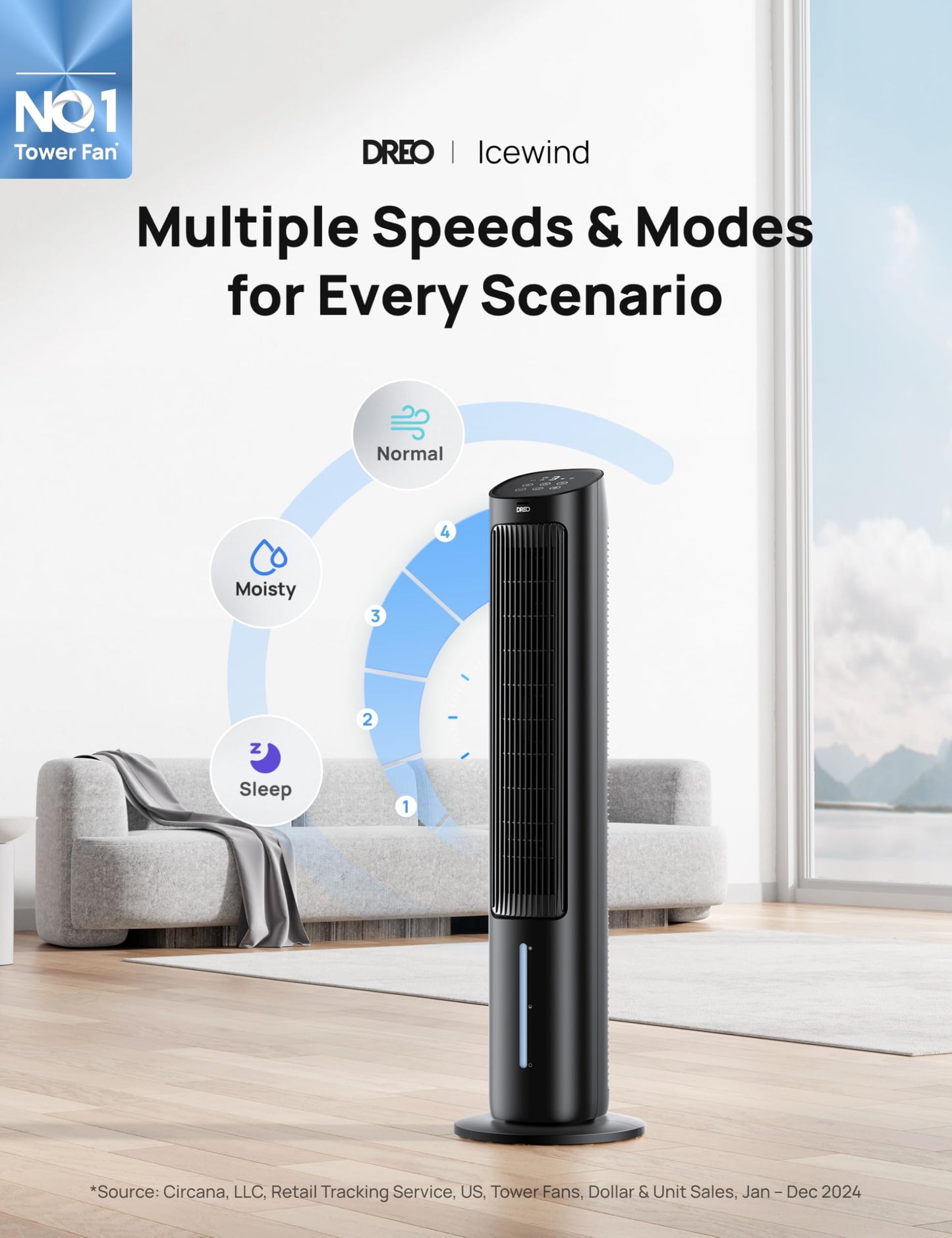 Dreo Tower Fan for Bedroom, 40" Evaporative Air Cooler, Cooling Fans That Blow Cold Air with 80° Oscillating, Removable Water Tank, 3 Modes 4-Speed, Remote Control, Quiet Floor Fan, 7H Timer，Black