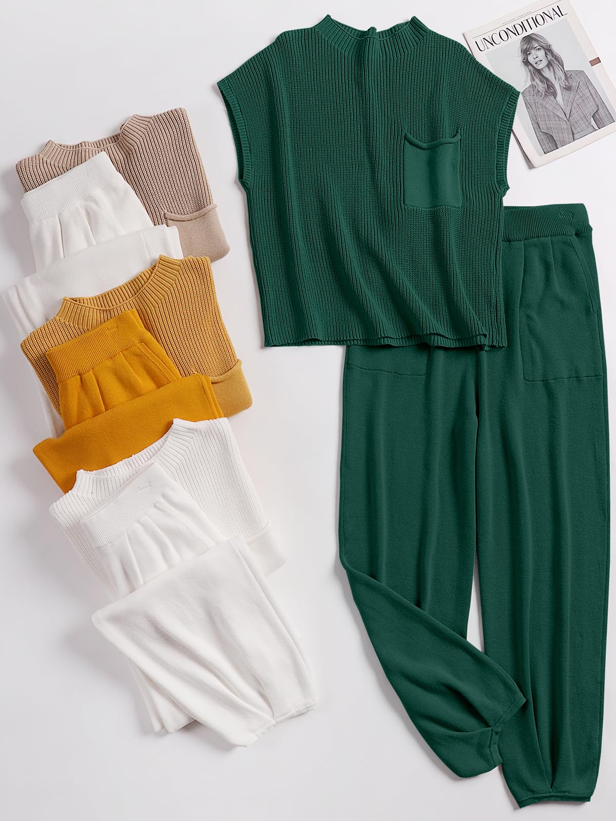 ANRABESS Women's Two Piece Outfits Knit Sweater Pullover Crop Top & Pants Lounge Matching Tracksuit Sweatsuit Sets 2024 Trendy Loungewear Clothes Dark Green X-Small