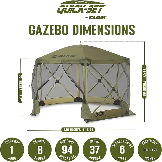 CLAM Quick-Set Escape 11.5 x 11.5 Ft Portable Pop-Up Outdoor Camping Screen Tent 6-Sided Canopy Shelter w/Carry Bag & 6 Sun and Wind Panels, Green