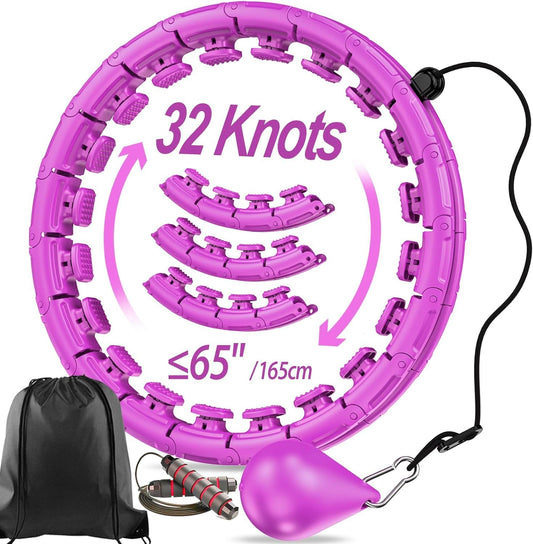 APzek 32 Detachable Knots Weighted Exercise Hoop Plus Size, No Falling Smart Huula Hoop for Adults & Beginners, 2 in 1 Abdomen Fitness Massage with Auto Spinning Ball - Purple