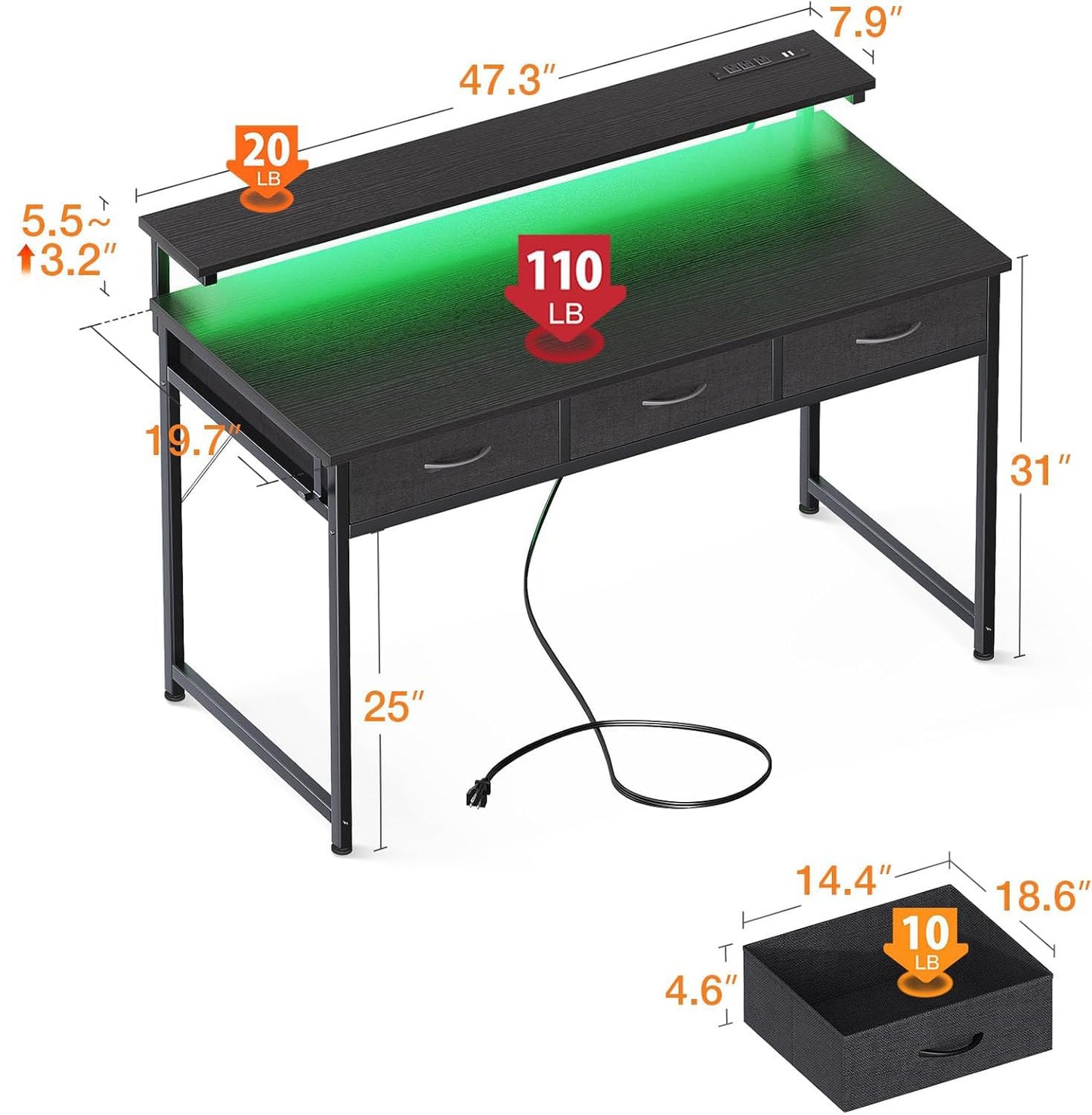 ODK 48 Inch Computer Desk with 3 Drawers and USB Power Outlets, Home Office Desks with LED Lights and Adjustable Monitor Stand, Work from Home, Modern Work/Writing/Study Table for Bedroom, Black