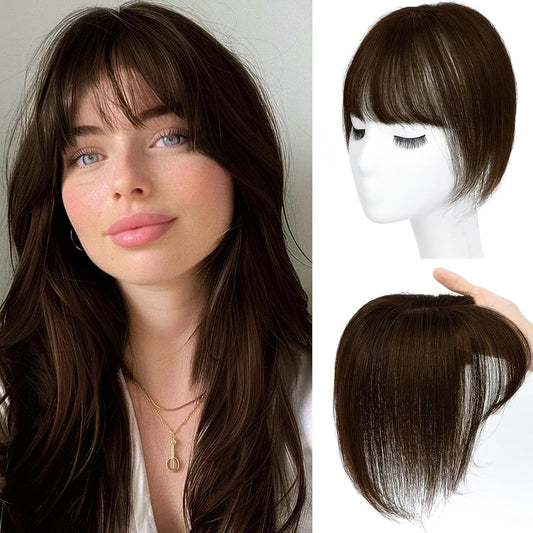 Amchoice Hair Toppers for Women Real Human Hair, Bangs Hair Clip 360° 3D Cover Human Hair Topper with Bangs, Human Hair Toppers for Women Daily (Medium Brown, 3D Wispy Bangs (5 * 9))