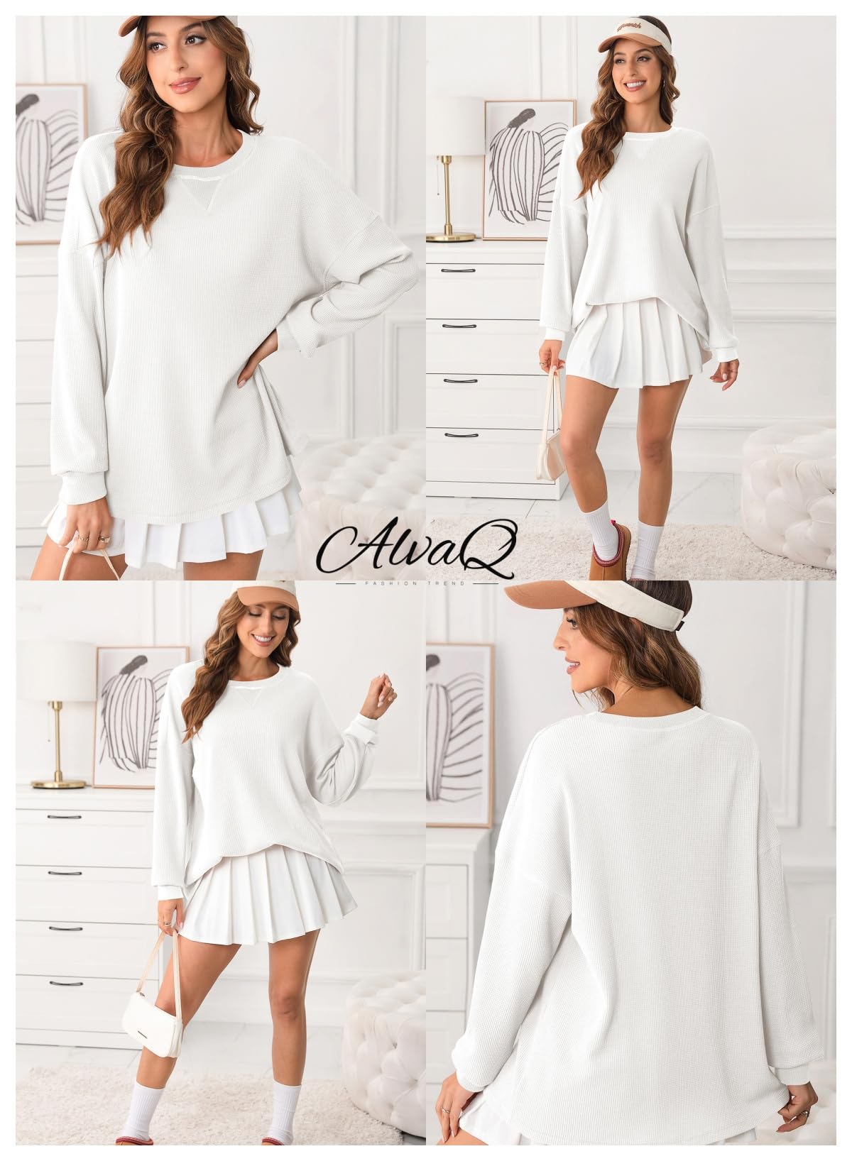 AlvaQ Women Sweatshirt 2024 Casual Long Sleeve Drop Shoulder Waffle Knit Overszied Sweatshirts Pullover Tunic Tops Fall Clothes White X-Large