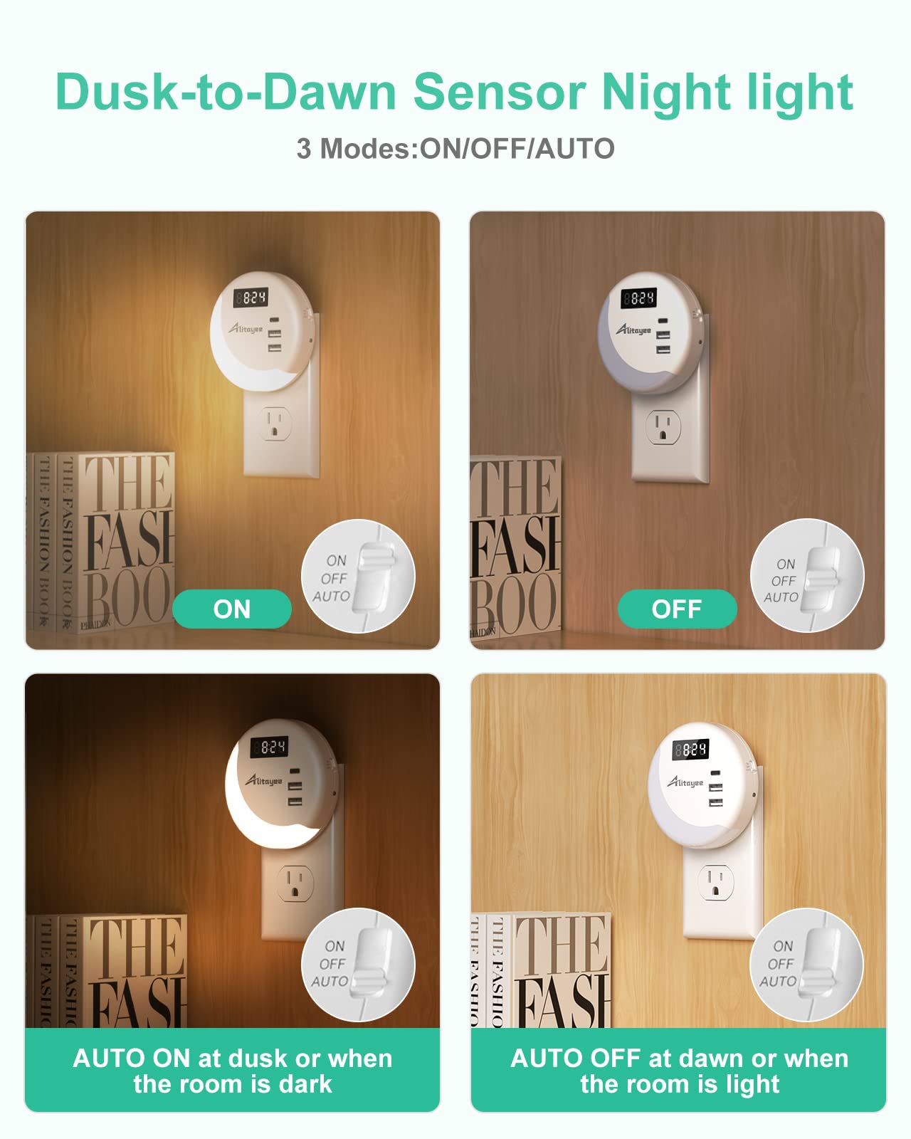 Alitayee LED Night Light, Night Lights Plug Into Wall, Smart Light Sensor Nightlight with USB C Charger(MAX 15.5W) and Digital Clock for Bedroom Stairs Kitchen Hallway Room Kids Adults Daylight White