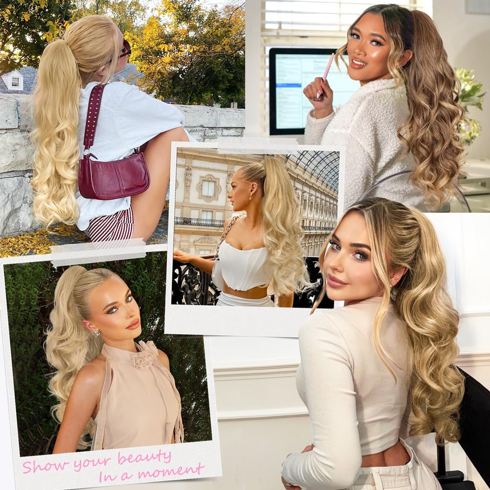 ALXNAN Ponytail Extension,24 Inch Claw Ponytail Hair Extensions for Women，Claw Clip in Long Wavy Synthetic Dark Ash Blonde with Golden Ends Ponytail Extension for Daily Use.