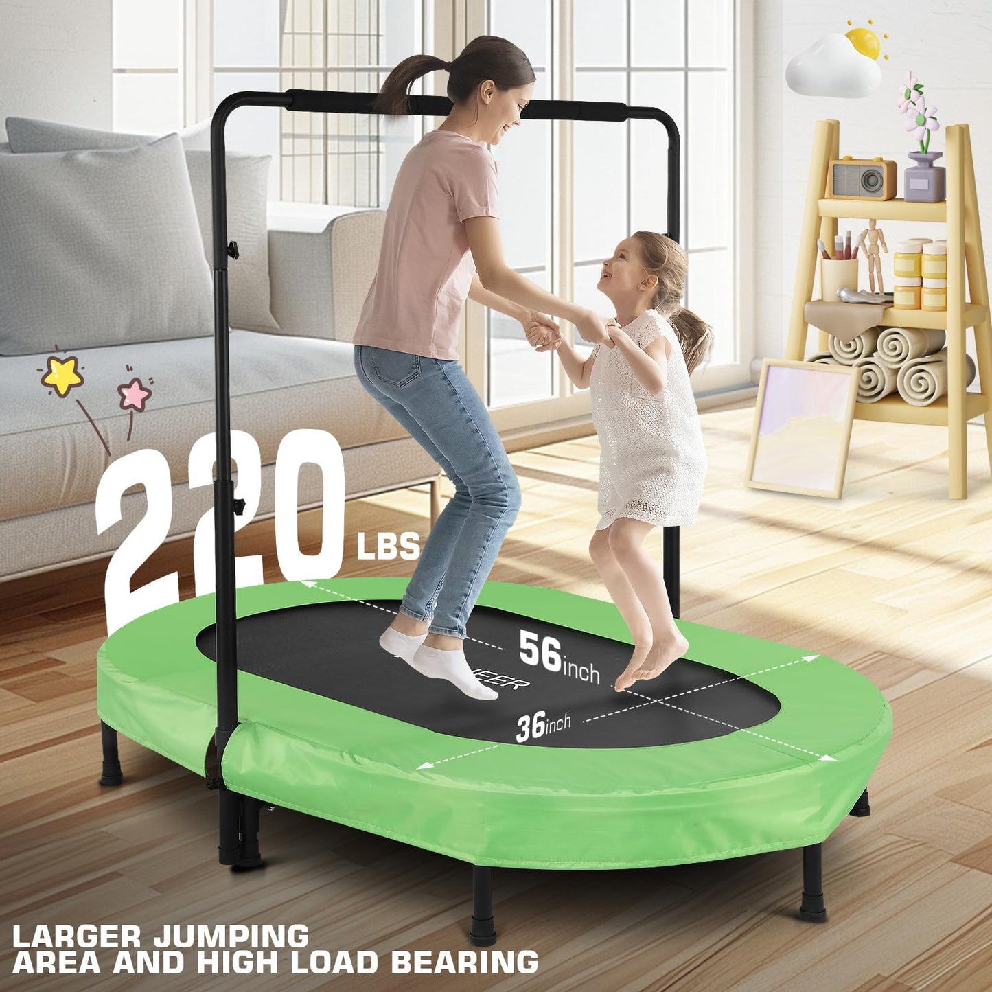 ANCHEER Foldable Trampoline, Mini Rebounder Trampoline with Adjustable Handle, Exercise Trampoline for Indoor/Garden/Workout Cardio, Parent-Child Twins Trampoline Max Load 220lbs (Training Green)