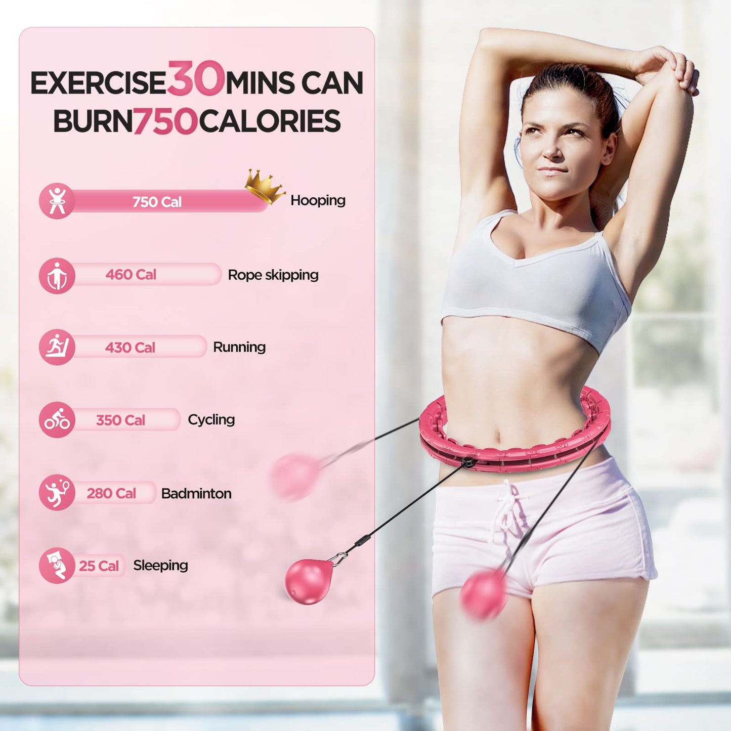 APzek 32 Knots Smart Weighted Exercise Hoop Plus Size, Adjustable Huula Hoop with Extra Links for Adults and Beginners, 2 in 1 Fitness Massage Non Fall Hooola Hoop with Spinning Ball - Pink