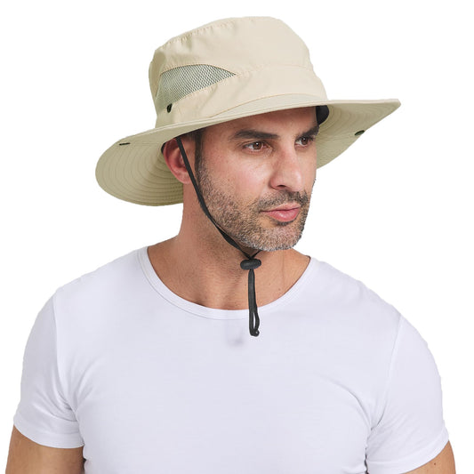 PFFY Sun Bucket Hat for Men 3” Wide Brim UPF 50+ Bucket Fishing & Beach Hats Beige