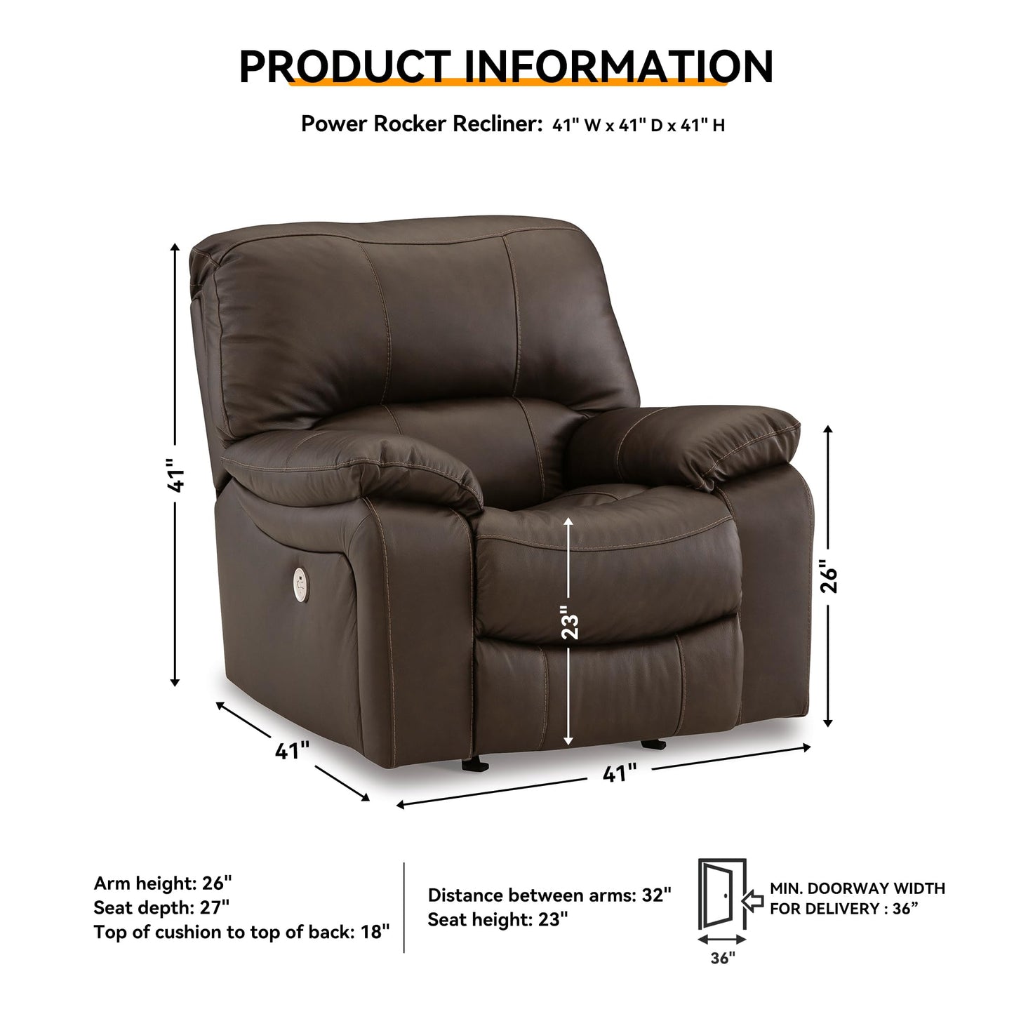 Signature Design by Ashley Leesworth Contemporary Leather Match Power Rocker Recliner with USB Ports, Dark Brown