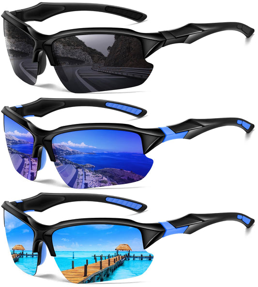 DioKiw 3PACK Sports Polarized Sunglasses for Men Cycling Running Fishing UV400 Protection Sun Glasses Lightweight Half Frame Goggles