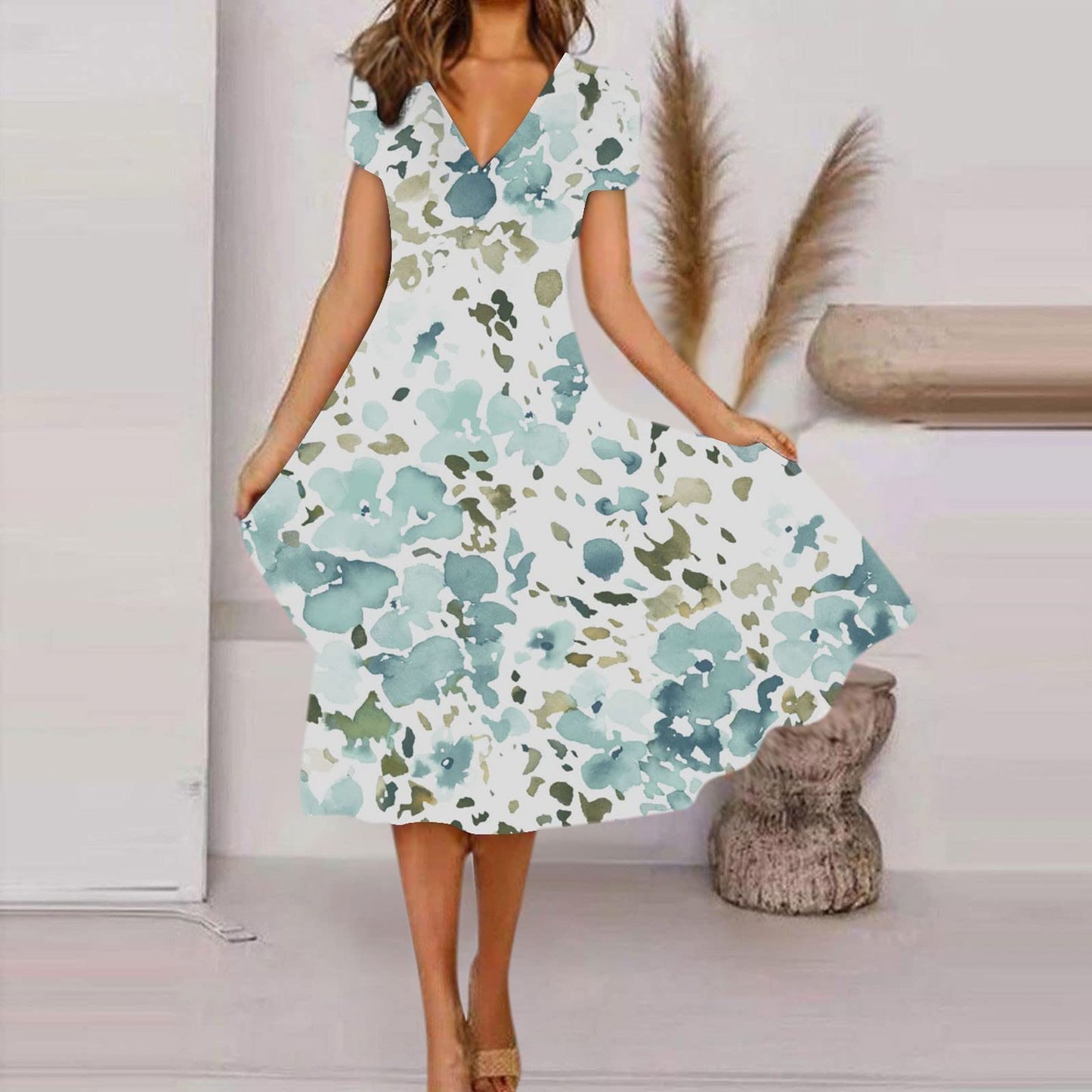 aihihe Summer Dresses for Women 2024 Vacation with Sleeves Midi Dresses Spring/Summer Boho Dresses Short Green Casual Dress Beach Romper Dress Flowy Satin Dress