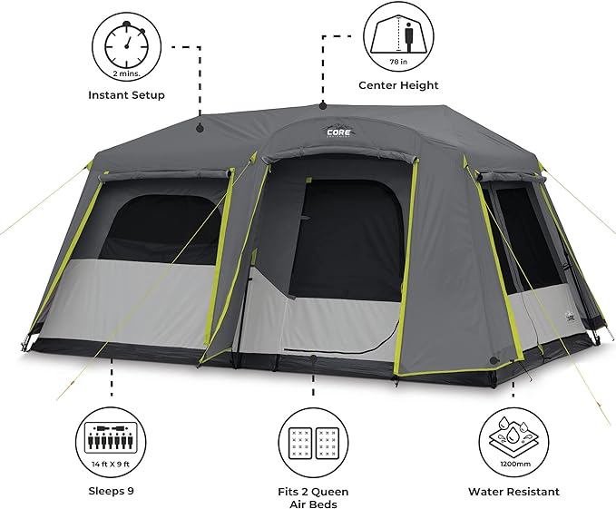 CORE Instant Cabin Tents | 6 Person / 9 Person / 10 Person / 12 Person Family Cabin Multi Room Pop Up Tents Car Camping | Included Storage Pockets for Camping Accessories