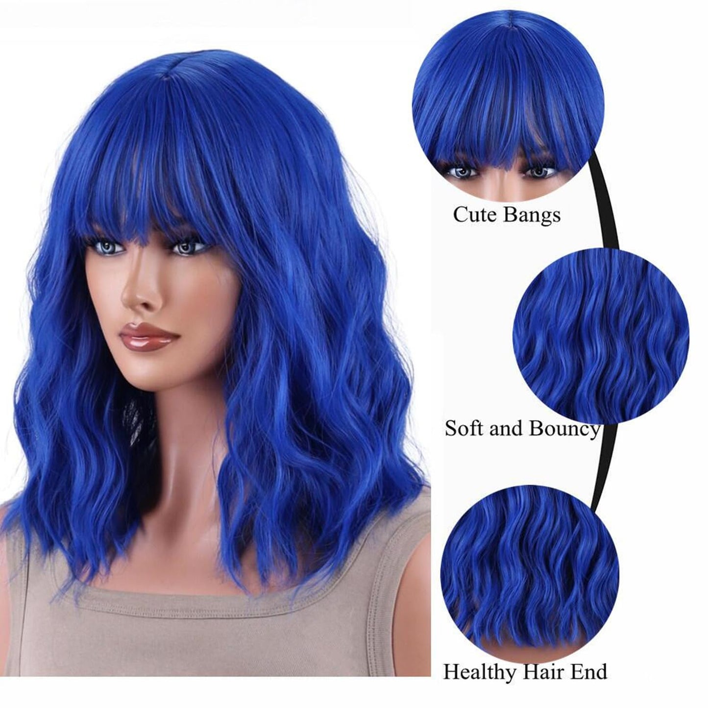 AneShe Dark Blue Wig Short Colored Wavy Bob Wigs with Bangs Curly Synthetic Colorful Wigs Blue Costume Wigs for Party Cosplay (14" Dark Blue)