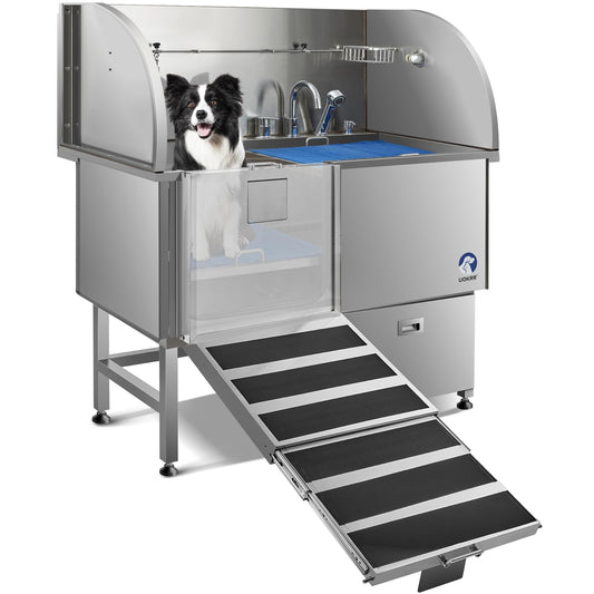 Professional Dog Washing Station 50" w/Integrated Ramp for Home, Stainless Steel Bathing Station for Large, Medium & Small Pet Dog Grooming Tub with Door, Storage Drawer