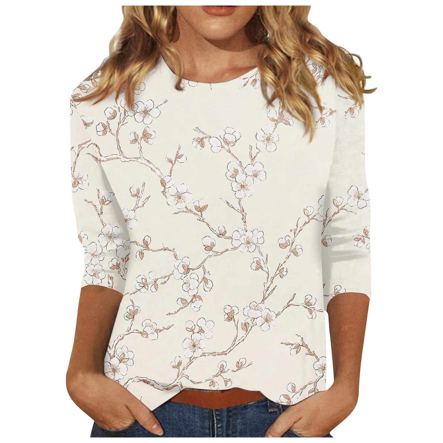 WJDNHKYD Sleeveless Tops For Women Plus Size 3/4 Length Sleeve Womens Tops 2024 Floral Print Vintage Casual Loose With Round Neck Plus Size Shirts