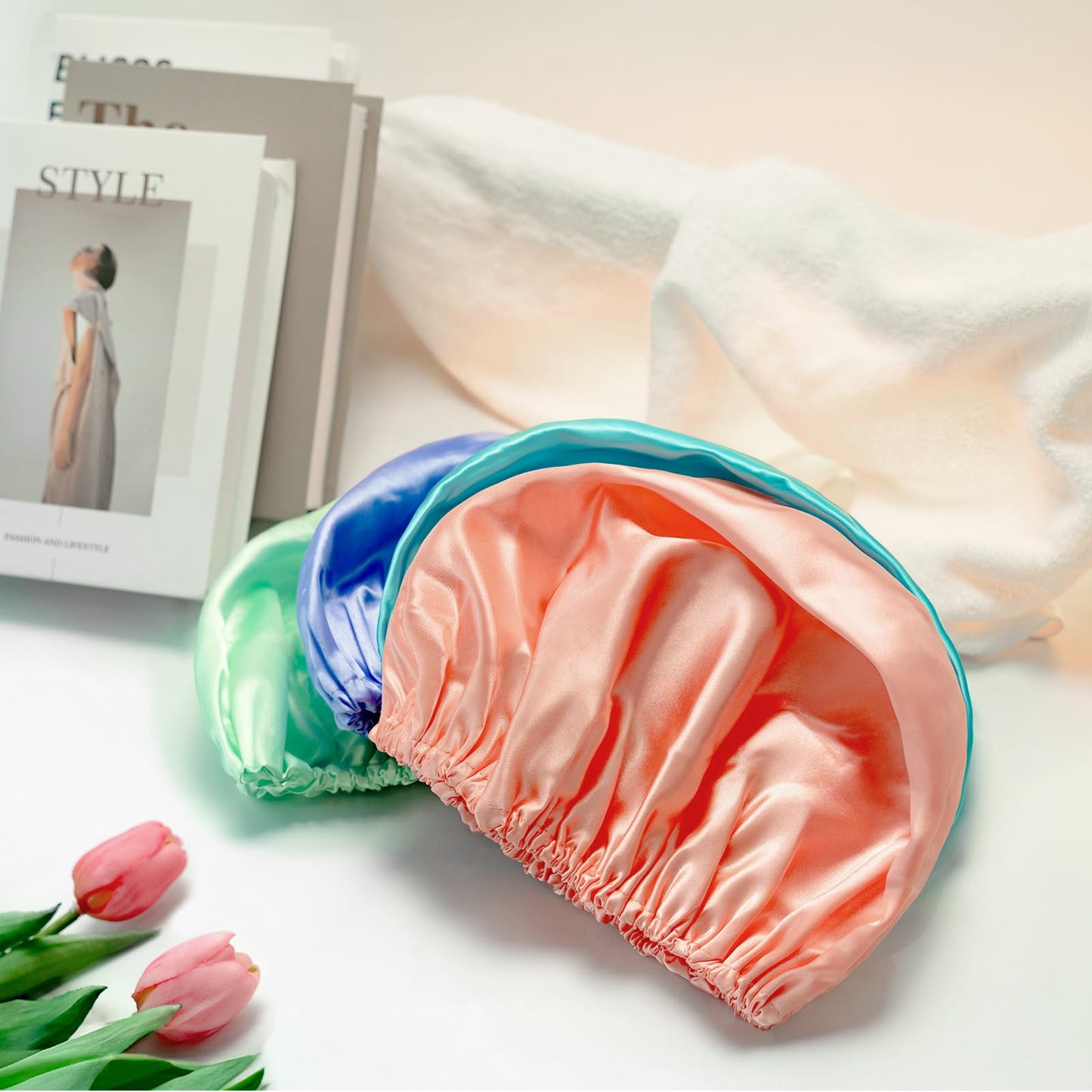 AmazerBath Shower Cap for Women, 4 PCS Double Waterproof Layers Shower Hair Caps, Elastic and Reusable Hair Cap, Environmental Protection Bathing Hat for Women Men Kids
