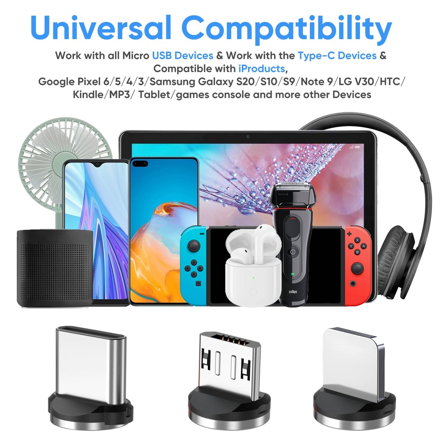 Ankeanmade 540 Rotating Magnetic Charging Cable [7-Pack, 1.6ft/3ft/3ft/6ft/6ft/10ft/10ft] 3 in 1 Nylon Braided Magnetic USB Cable for iProduct/Micro USB/Type C Device