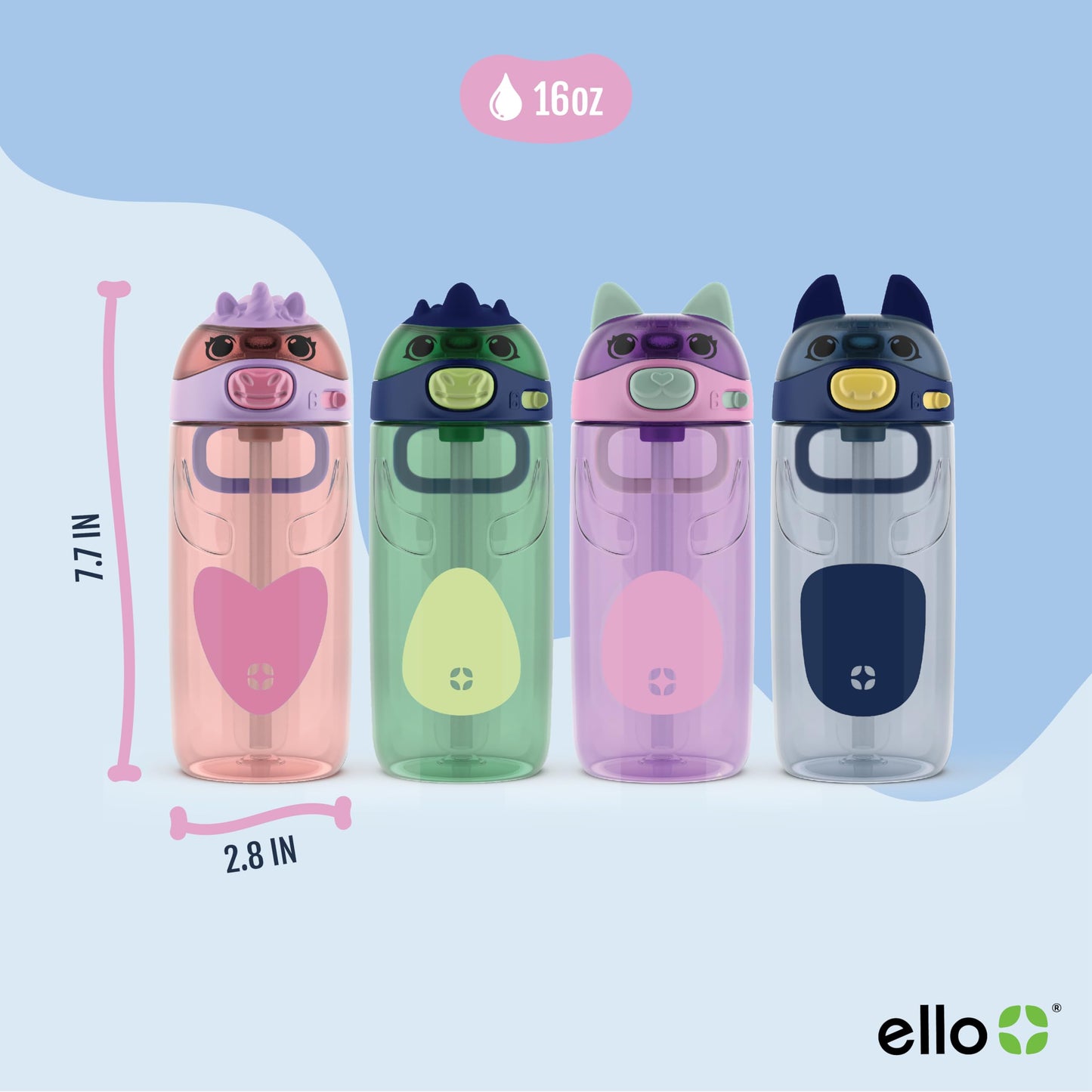Ello Ellies 16oz Plastic Kids Water Bottle with Straw and Built-in Carrying Handle and Leak-Proof Locking Lid for School backpack, Lunchbox and Outdoor Sports, Unicorn