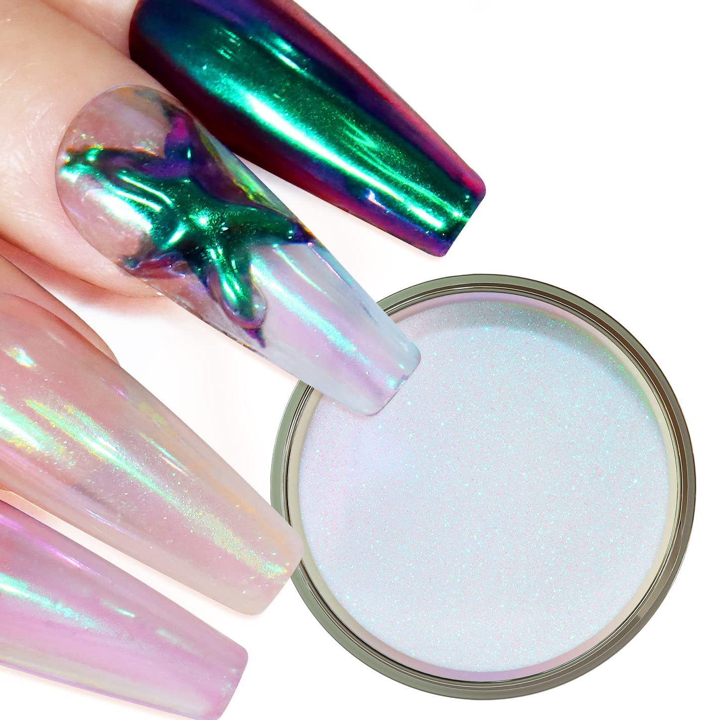 Allstarry Unicorn Chrome Nail Powder, Aurora Mermaid Iridescent White Pearl Nail Chrome Powder Pigment Glitter Fairy Dust for Nail Art, Manicure, Gel Nail Polish - Dream Purple