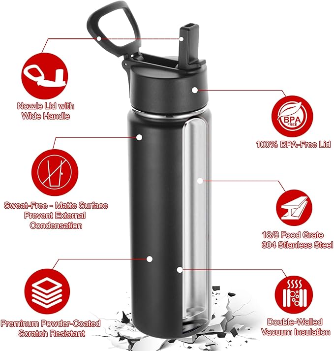 Volhoply 24oz Insulated Water Bottle With Straw Bulk 6 Pack,Metal Wide Mouth Water Bottles With Handle Lid Keep Cold,Reusable Double Wall Thermos,Powder Coated Sport Bottle For Holder(Black,6 Count)