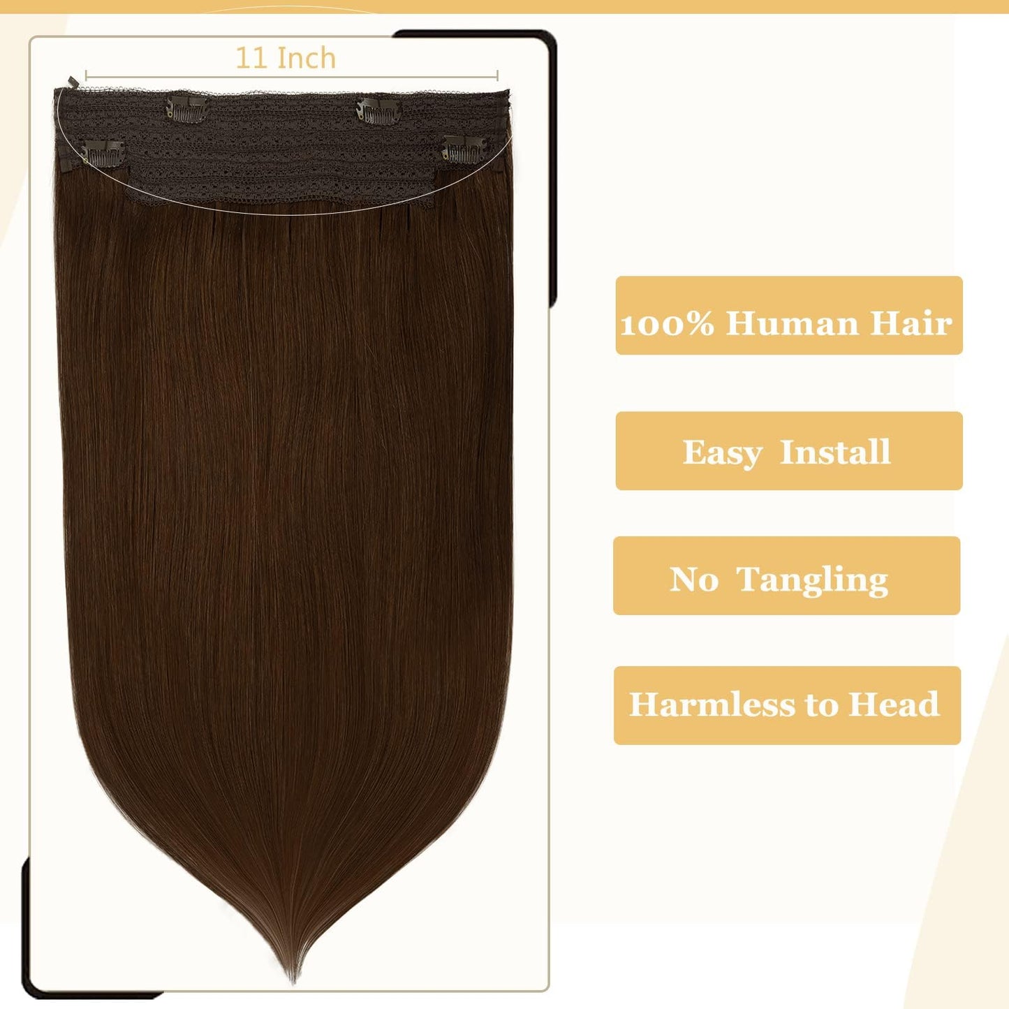 Anrosa Fish Line Hair Extensions Real Human Hair Chocolate Brown Color 4 Hidden Wire Hair Extensions Headband Adjustable Size Removable Secure Secret Extensions Human Hair 14 Inch 75g