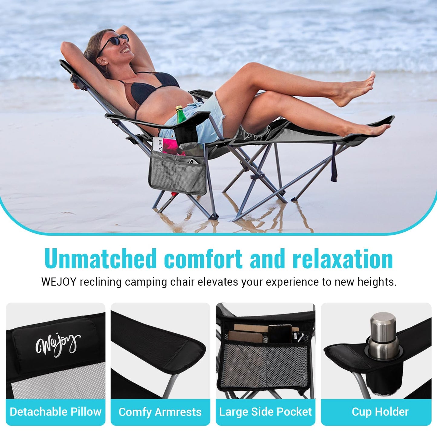 #WEJOY 2-in-1 Reclining Camping Chair with Footrest for Adults Folding Lounge Chair with Adjustable Backrest Lightweight Camping Chairs Heavy Duty Camp Chairs for Outdoor (1, Black Grey)