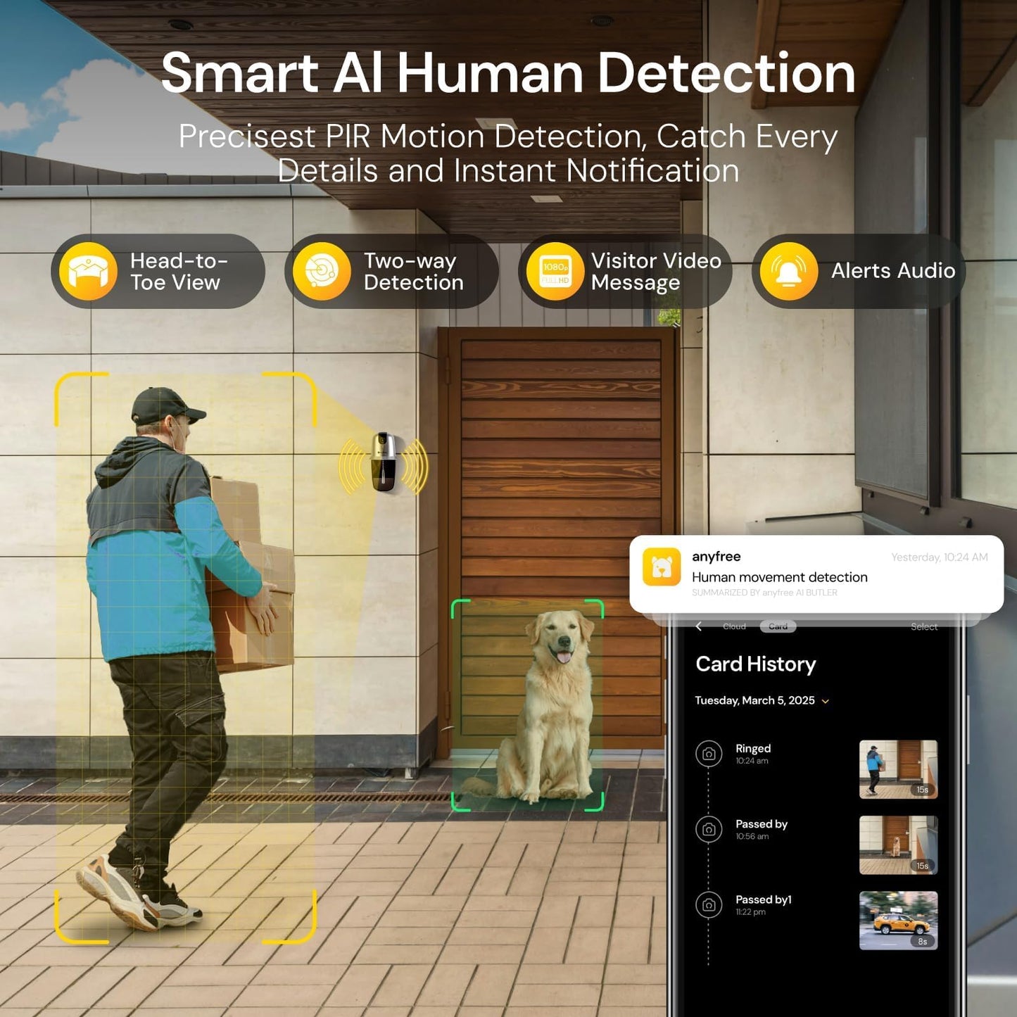 anyfree Hello Doorbell Camera Wireless with Solar Powered Battery, Video Doorbell with Chime, AI Motion Detection&Alert, 2.4&5G WIFI, HDR Ultra-Clear, 3280ft 2-Way Talk, Cloud Storage,Custom Ringtones