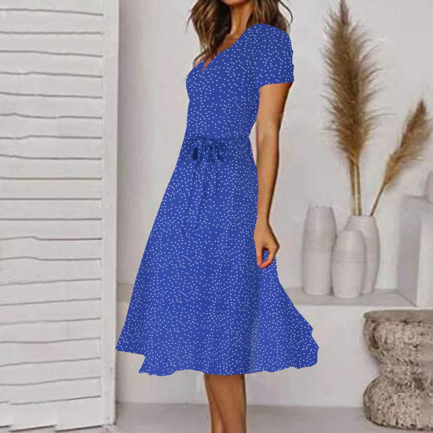 10 and Under Gifts, Dresses for Women 2024 Casual Fashion V Neck Swing Polka Tie Waist Dress Summer Ruffle Short Sleeve Midi Sundress