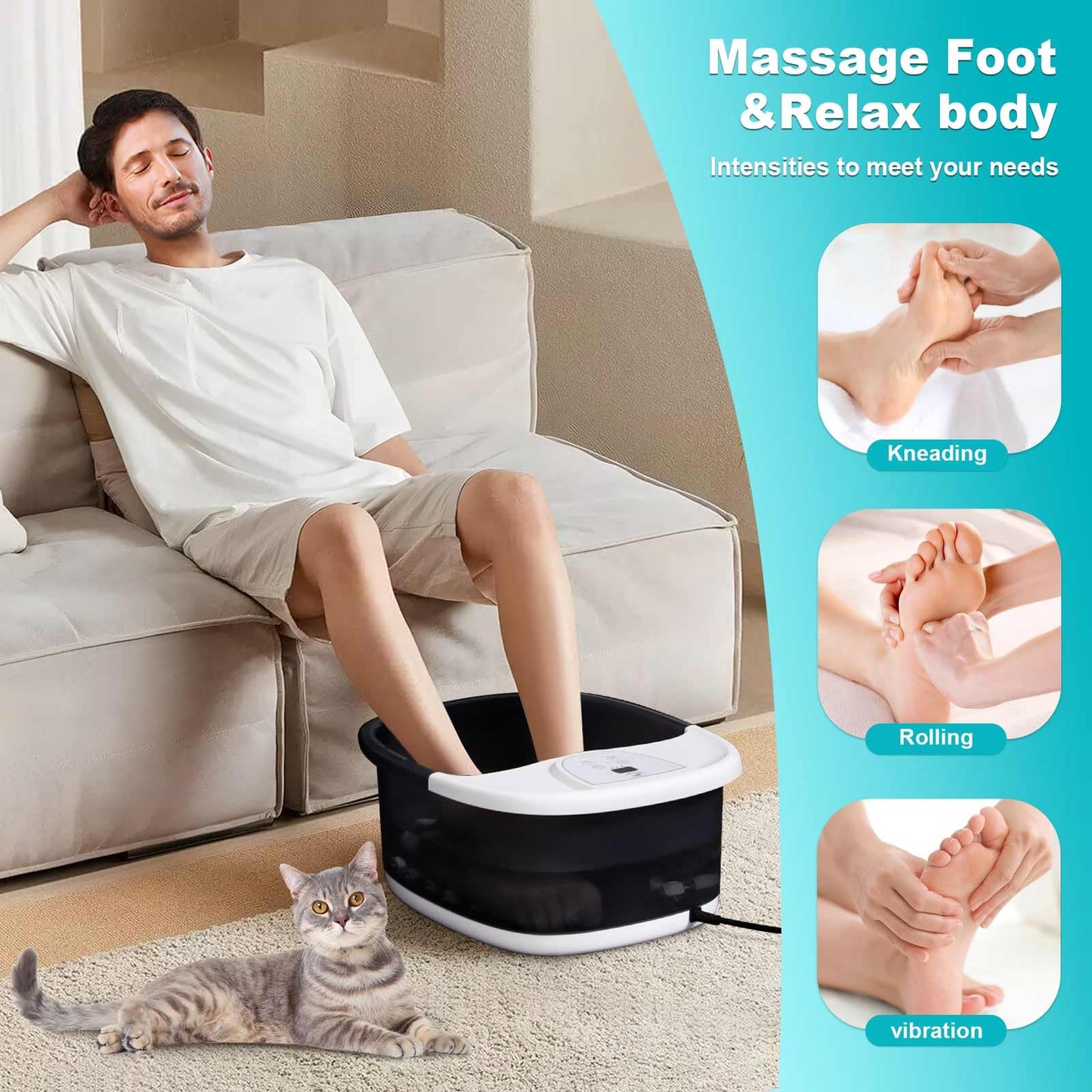 Foot Spa Bath Massager with Heat [2025 Upgraded], Jets, Vibration, Adjustable Temp, Bubbles, Epsom Salt, Foot Soaking Tub with 22 Shiatsu Massage Rollers, Pedicure Foot Spa for Relaxation, Black