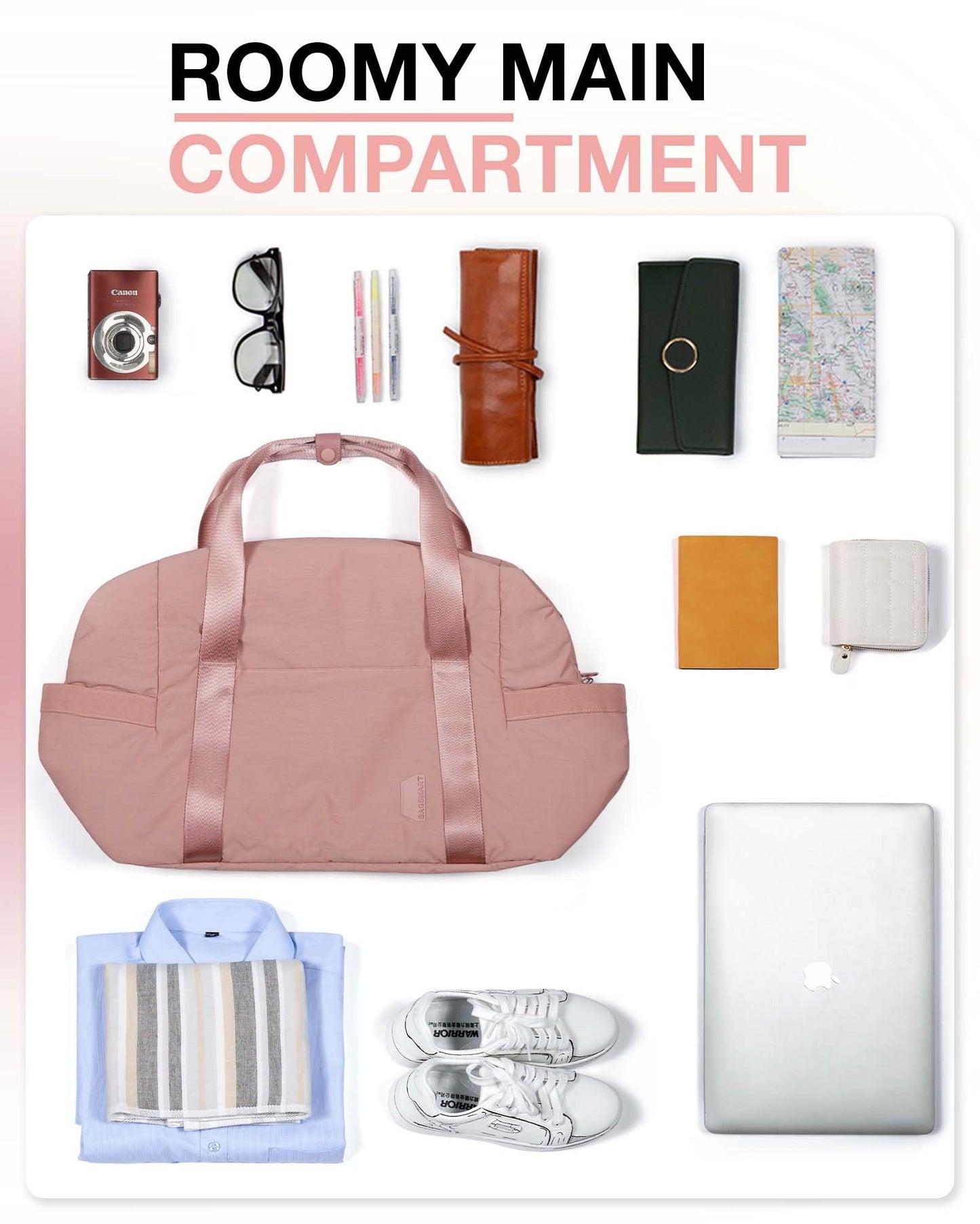 BAGSMART BAGSMART Gym Bag for Women, Carry on Weekender Overnight Bag, Travel Duffel Bags with Trolley Sleeve, Personal Item Travel Bag Tote Bag Workout Dance Bag, Dark Pink-34L