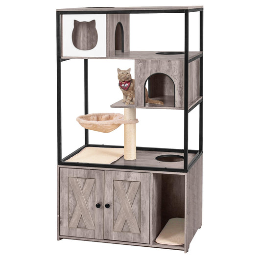 Aivituvin Cat Litter Box Enclosure, Litter Box Furniture Hidden, Wooden Cat Washroom Furniture, Indoor Cats House with Condo, Hammock, Scratching Mat and Storage Shelves-Greige