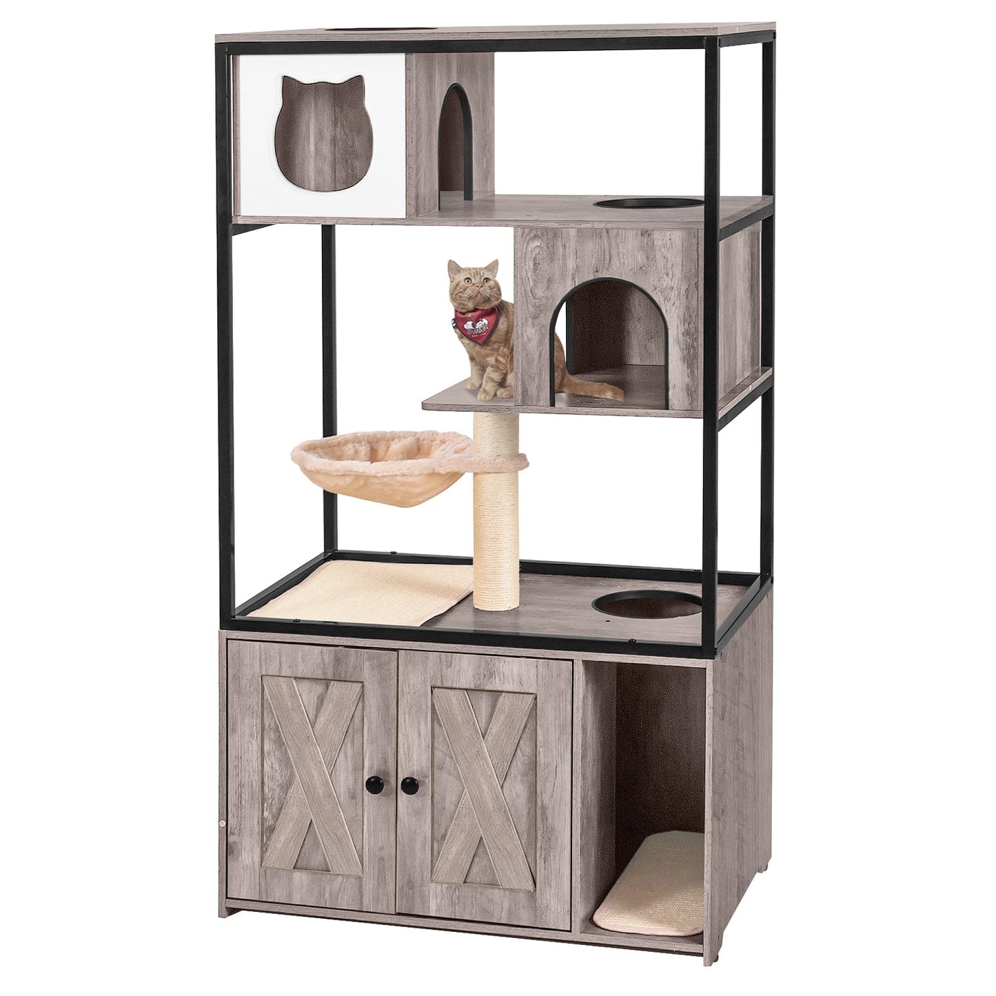 Aivituvin Cat Litter Box Enclosure, Litter Box Furniture Hidden, Wooden Cat Washroom Furniture, Indoor Cats House with Condo, Hammock, Scratching Mat and Storage Shelves-Greige