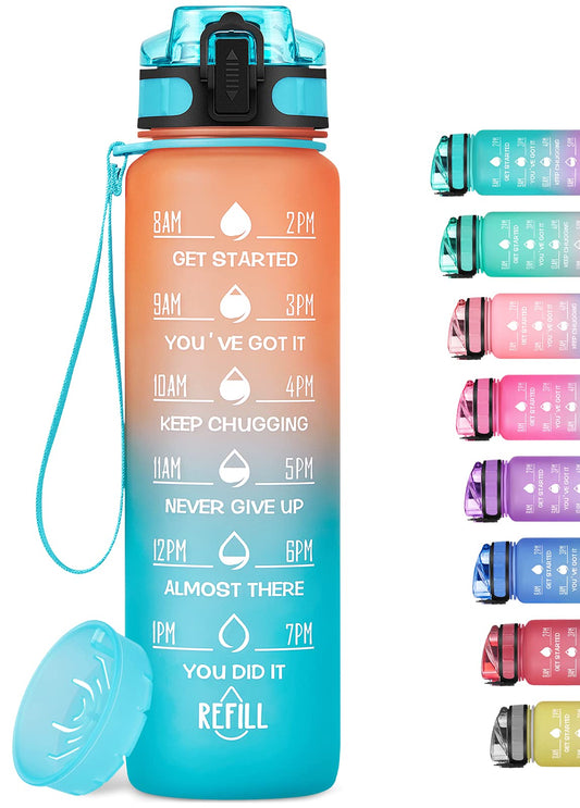 MEITAGIE 32oz Motivational Water Bottle with Time Marker & Fruit Strainer, Leak-proof BPA Free Non-Toxic Bottle with Carrying Strap, Perfect for Fitness, Gym and Outdoor Sports