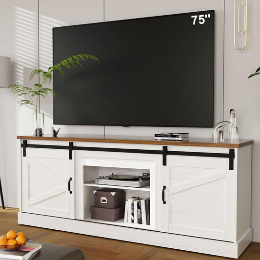 ALAULM Farmhouse TV Stand up to 70/80" TV, Entertainment Center w/Sliding Barn Doors & Storage Cabinets,67" Rustic TV Console with Adjustable Shelf for Living Room,White