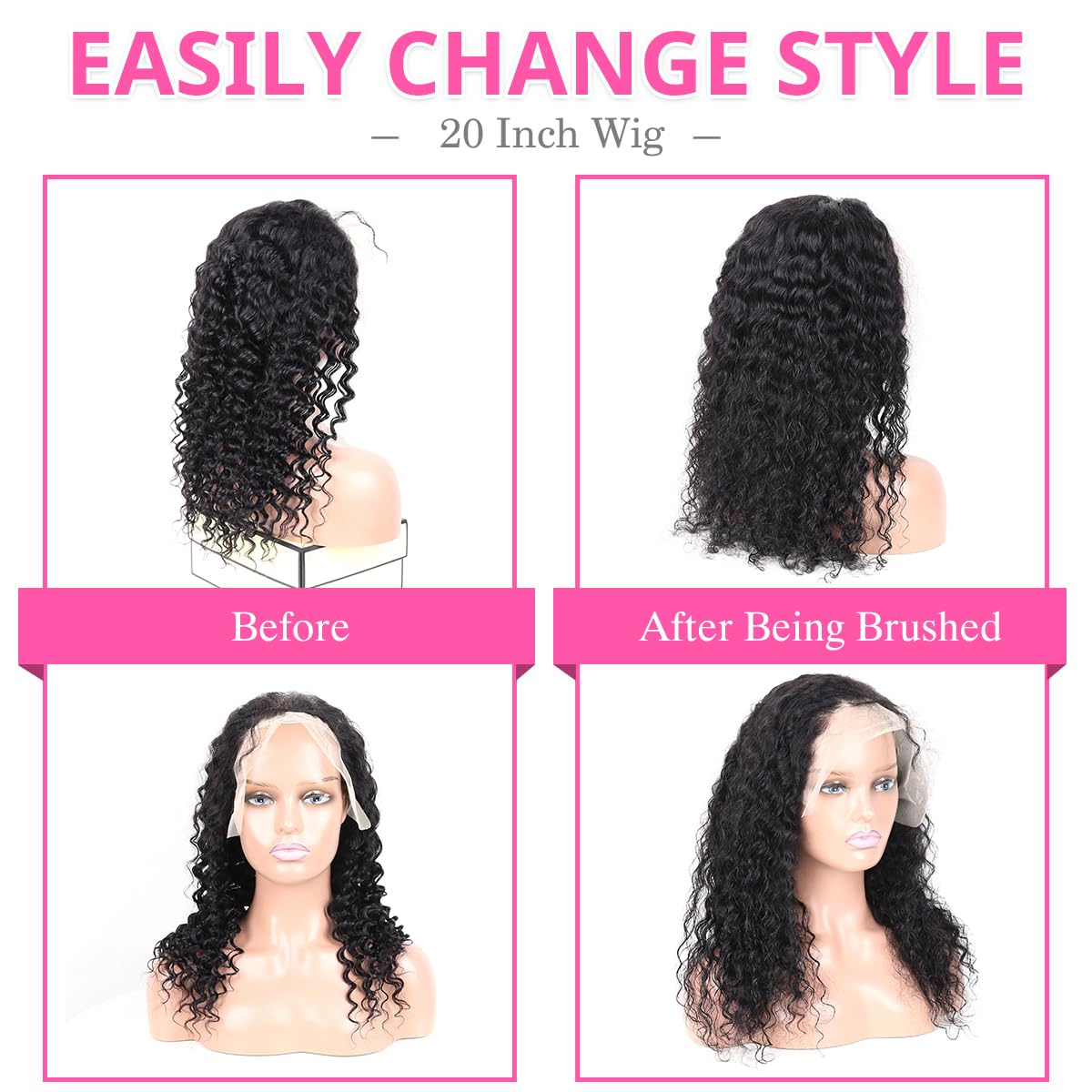 BAFUWIG Curly Human Hair Wig Deep Wave Lace Front Wigs Human Hair Wig 13x6 180% Density 20 Inch HD Lace Front Wigs Pre Plucked with Baby Hair Natural Black Wig For Women