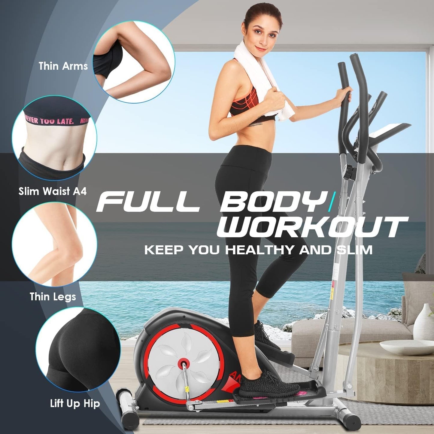ANCHEER Elliptical Exercise Machine for Home Gym Elliptical Machines with Pulse Rate Grips and LCD Monitor, 8 Resistance Levels Smooth Quiet Driven for Home