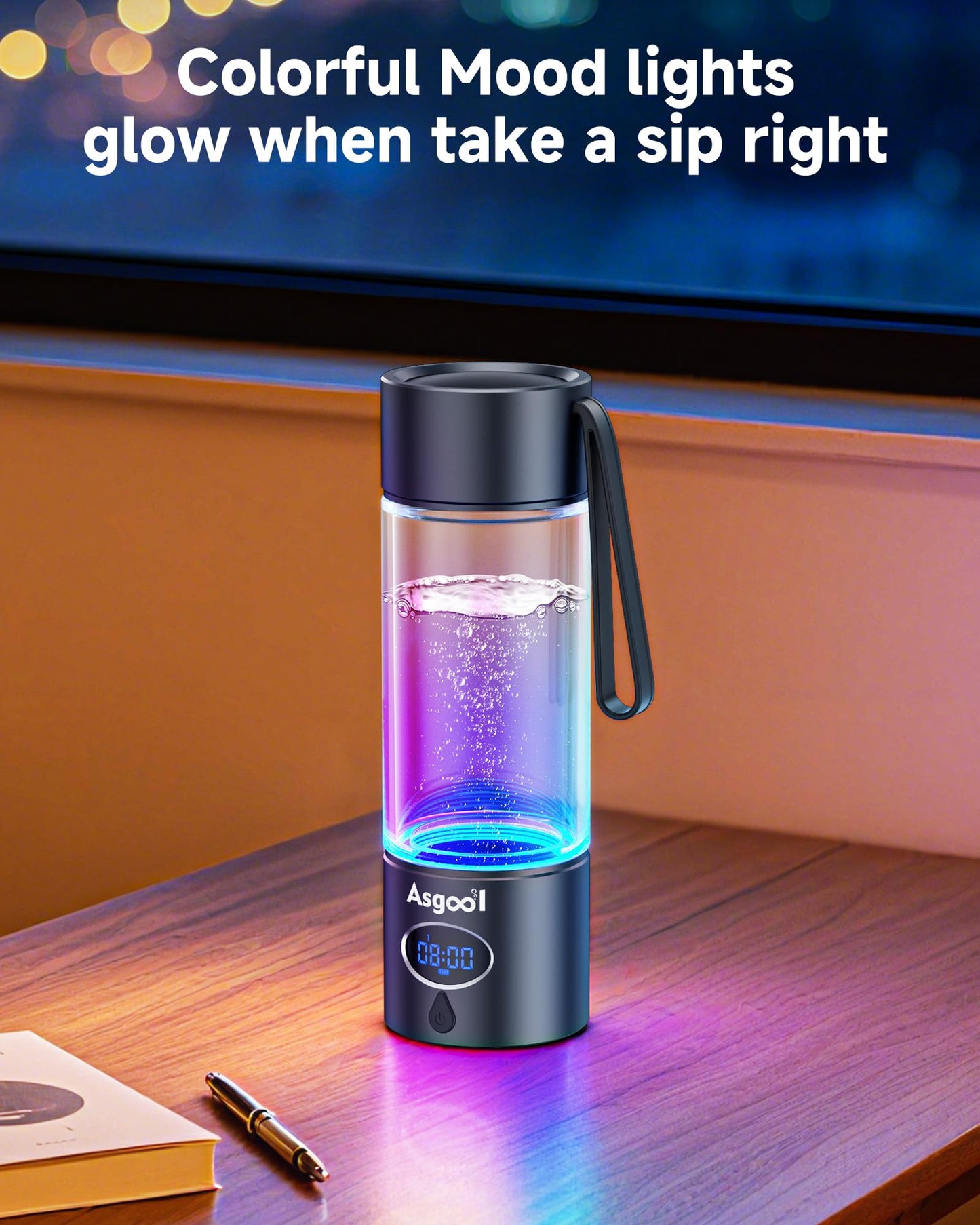 Hydrogen Water Bottle - 5000 ppb, Self Cleaning, Cyclic Mode for 8 Hours, FDA Certification, Portable, Rechargeable, LED Timer, Aluminum, Glass and Stainless Steel (Black, 360ml)