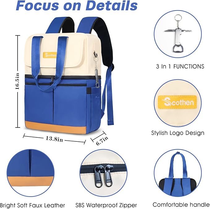 Backpack Cooler with Double Decker & 12 Ice Packs- Keeps 36 Cans Cold for Up to 24 Hours- Waterproof & Leak Proof Insulated Cooler Backpack- Stylish Cooler Bookbag for Women Travel Work Beach