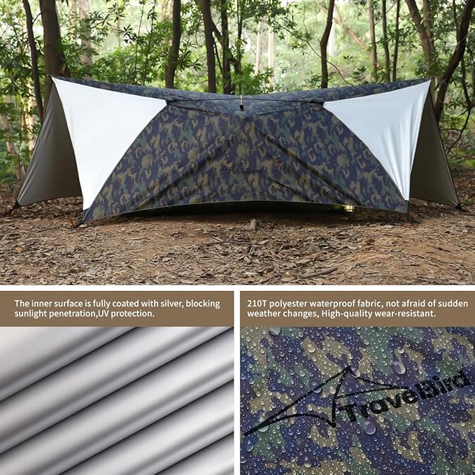 Camping Tent Tarp Waterproof, Ultralight Hammock Rain Fly, Portable Rain Tarp Canopy with Doors, Multifunctional Bushcraft Tarp for Outdoor Backpacking Hiking, UV Protection
