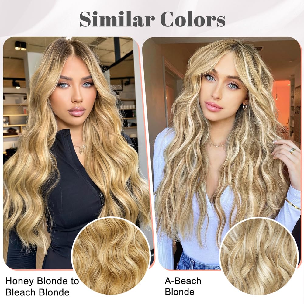 ALXNAN Clip in Long Wavy Hair Extension 20 Inch Honey Blonde to Bleach Blonde Hair Extensions 4PCS Thick Hairpieces Fiber Double Weft Hair for Women