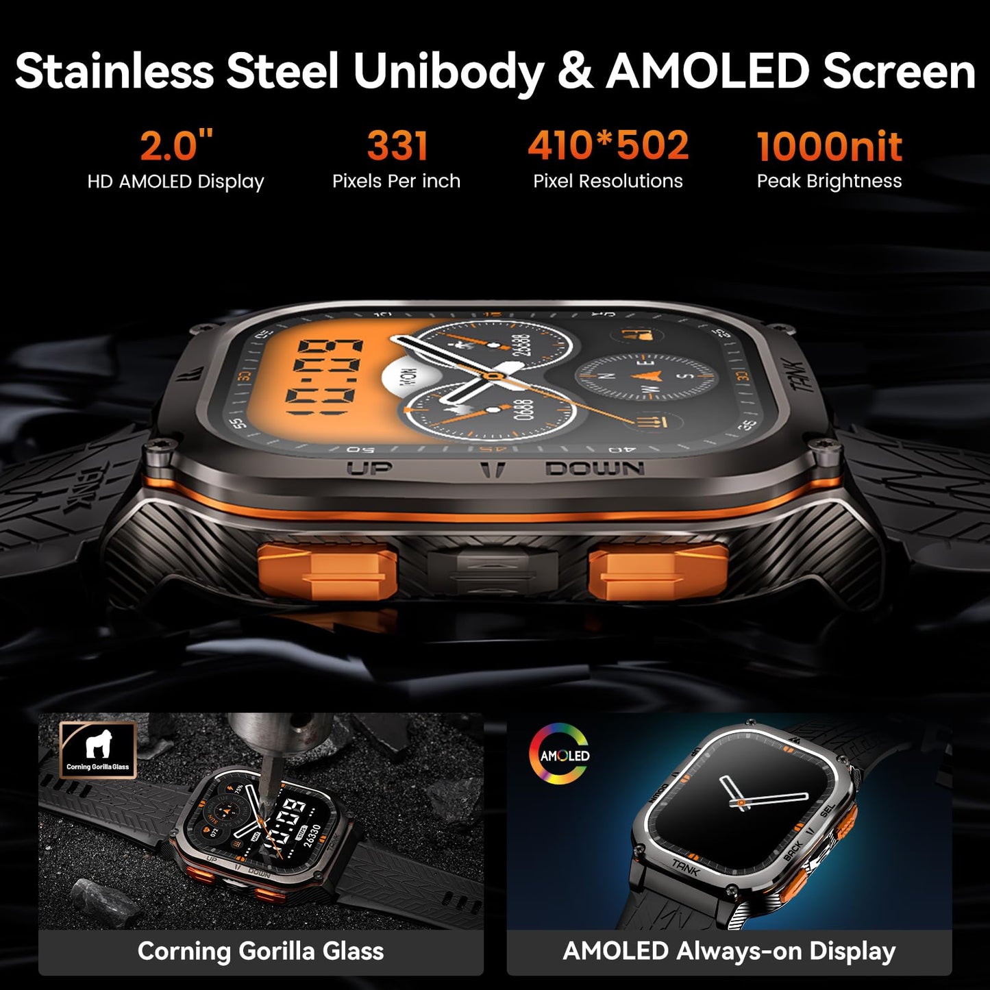 AMAZTIM Military Smart Watch with GPS, 6 Satellite Positioning/Compass, Stainless Steel Body, 50M Waterproof, 480mAh Extra-large battery, Answer/Make Call, 2" AMOLED Screen, Compatible for Android iOS