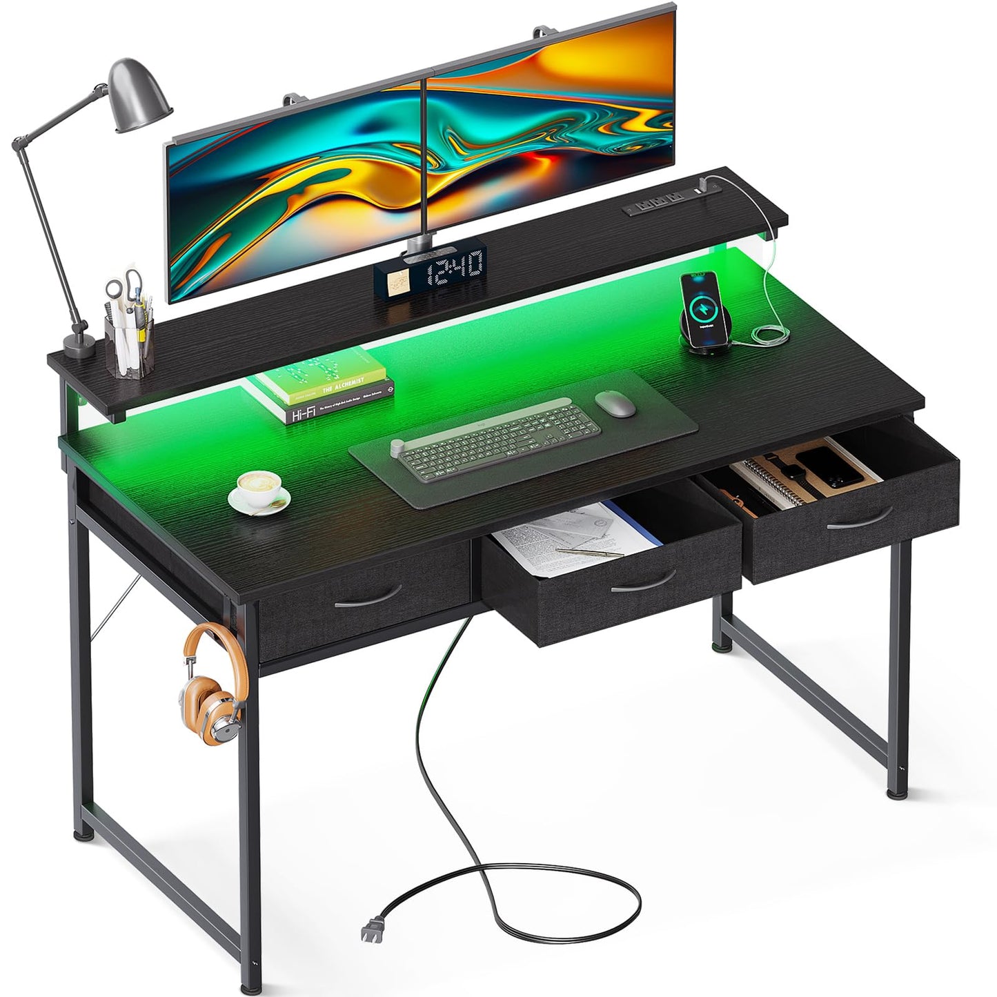 ODK 48 Inch Computer Desk with 3 Drawers and USB Power Outlets, Home Office Desks with LED Lights and Adjustable Monitor Stand, Work from Home, Modern Work/Writing/Study Table for Bedroom, Black