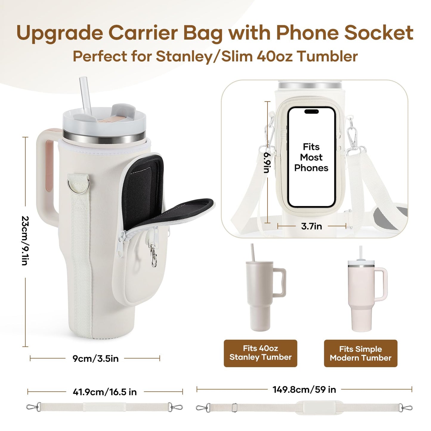 linmaya Water Bottle Carrier Bag with Phone Pocket for Stanley 40/30 oz Tumbler Neoprene Water Bottle Holder Pouch with 2 Adjustable Strap & 3 Leak Stoppers for Stanley Cup Accessories