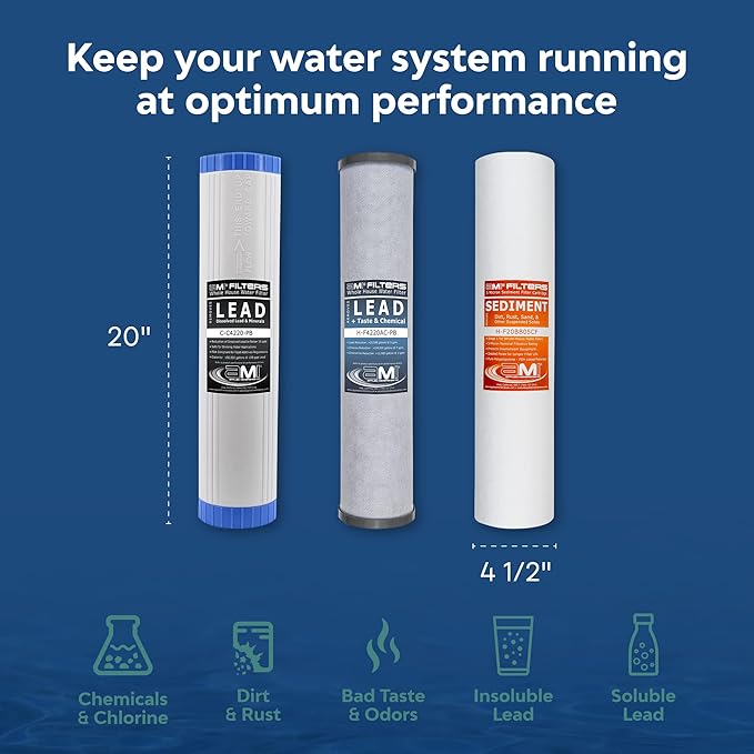 Applied Membranes Inc. 3-Stage Whole-House Water Filter Cartridge Replacements, Includes 20-Inch Sediment, Carbon, and Lead Filter Cartridges