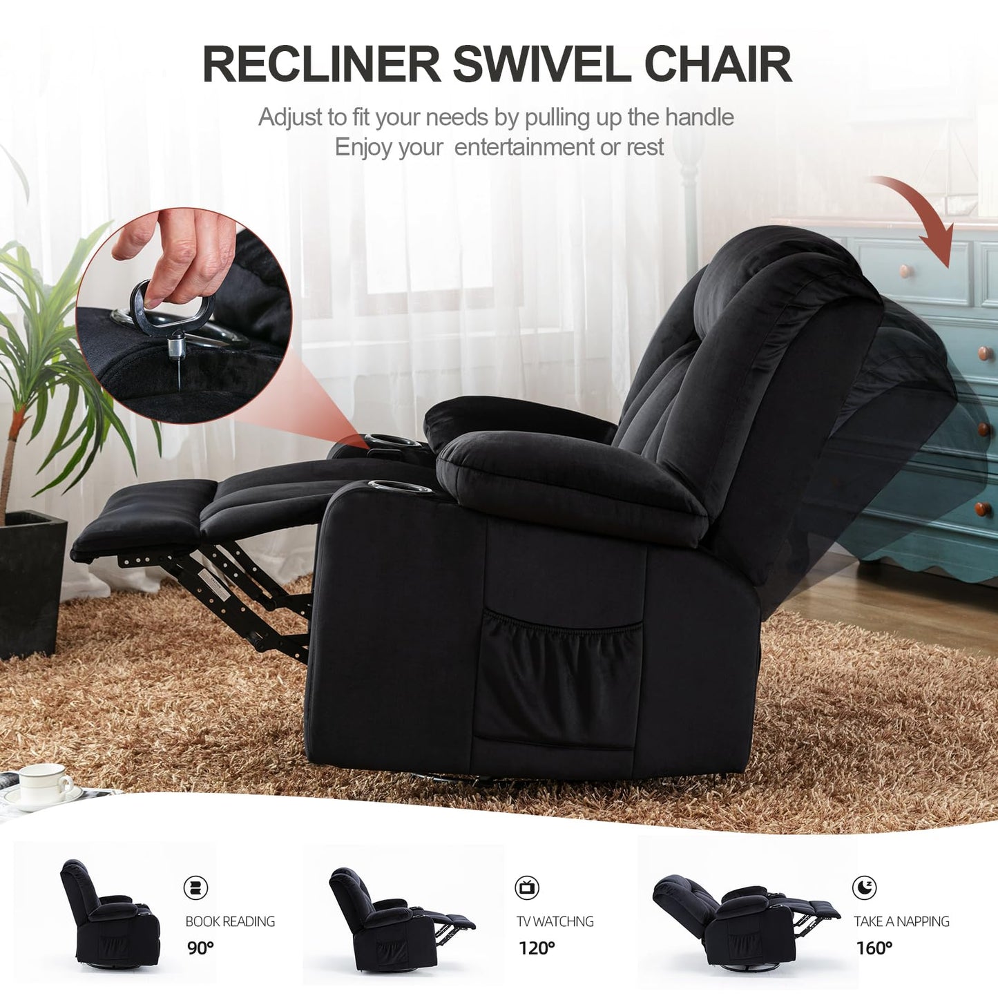 COMHOMA Recliner Chair,360° Swivel Rocker Glider Recliners with Cup Holders, Upholstered Fabric Rocking Chair for Adults,Manual Reclining Single Sofa for Living Room,Black