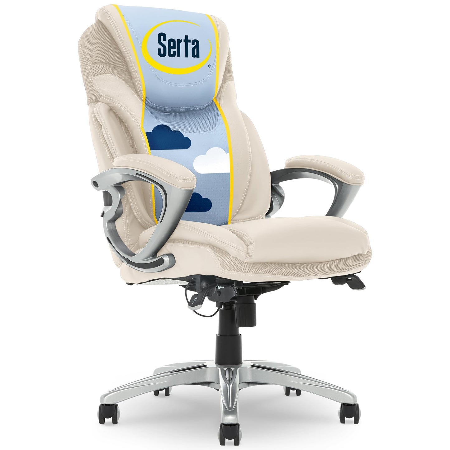 Serta Bryce Executive Office Chair, Ergonomic Computer DeskChairs with Patented AIR Lumbar Support, Comfy Body Pillows, Height Adjustable, Swivel Base with Wheels, Bonded Leather, Cream White