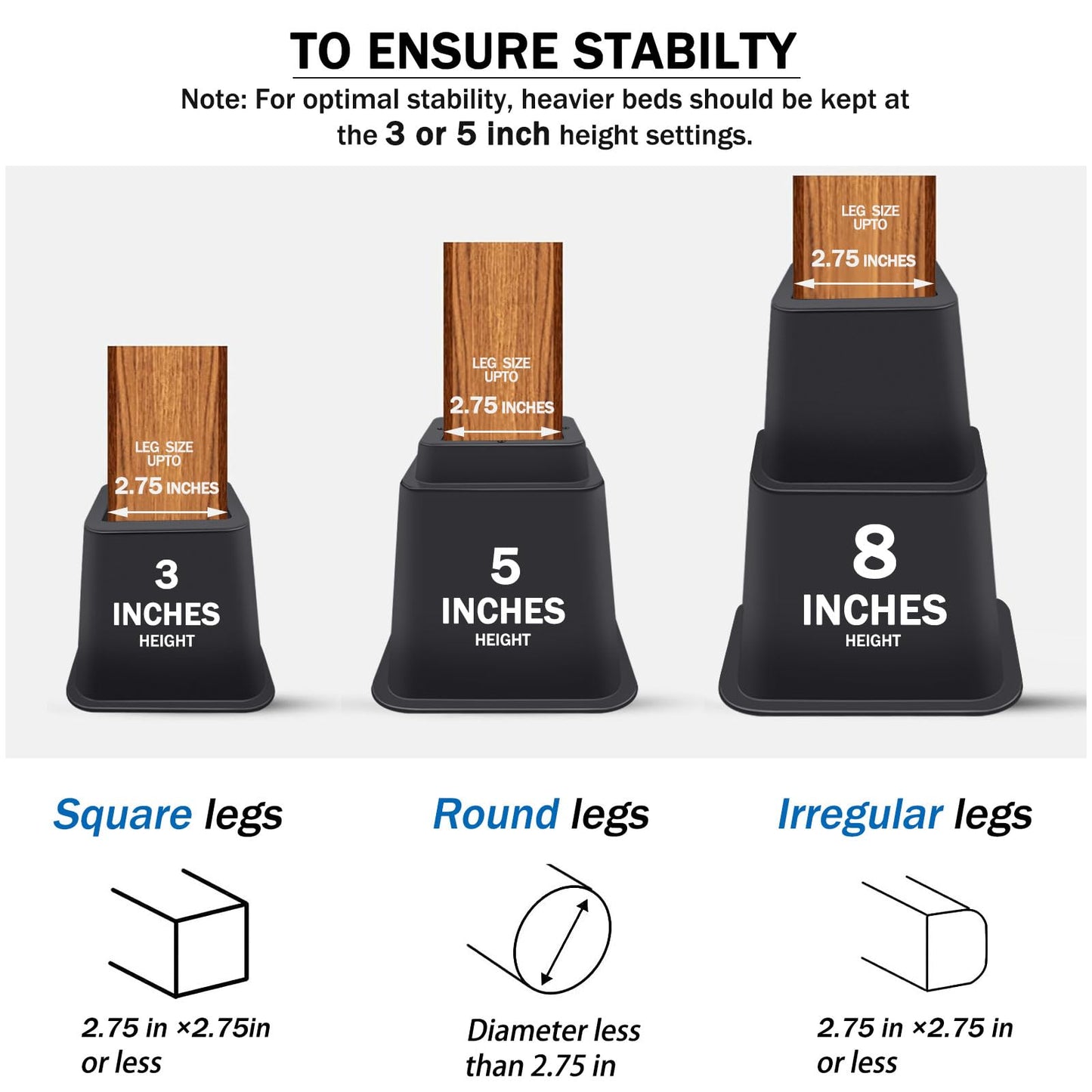 ANNKUT Bed Risers 8 inch Heavy Duty,Elevation in Heights 3, 5, 8 Inch，Adjustable Furniture Risers for Chair Table and Desk Legs Lifting (6 Pack,Black)